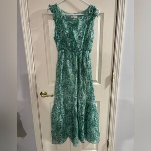 Le Ragazze Womens Floral Green Blue Tiered Sleeveless Midi Dress Made In Italy